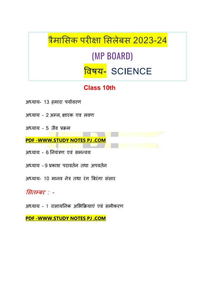 MP Board Class 10th Science Traimasik Pariksha syllabus 2023