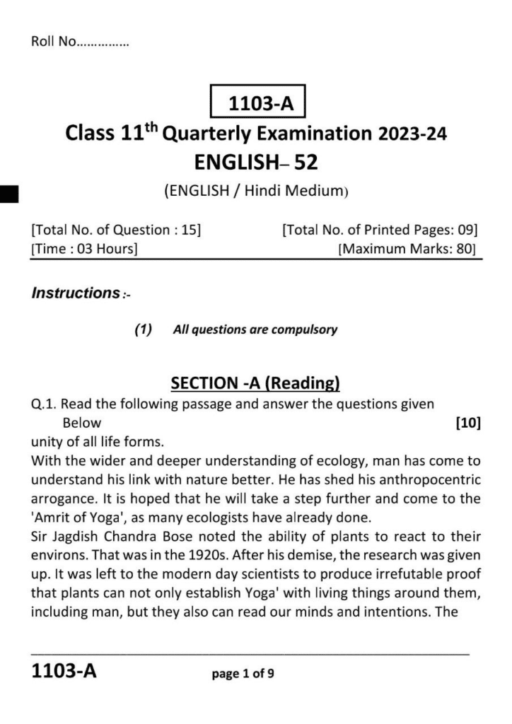 कक्षा 11वीं English त्रैमासिक परीक्षा पेपर 2023