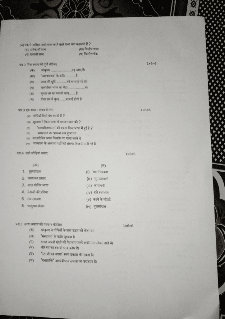 MP Board class 10th Hindi trimasik paper 2023