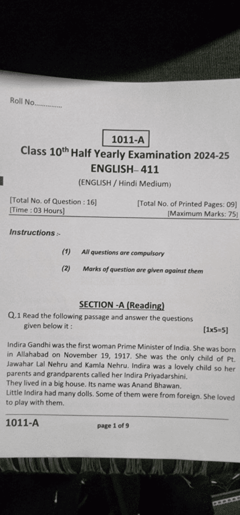 Class 10th English Half yearly 2024