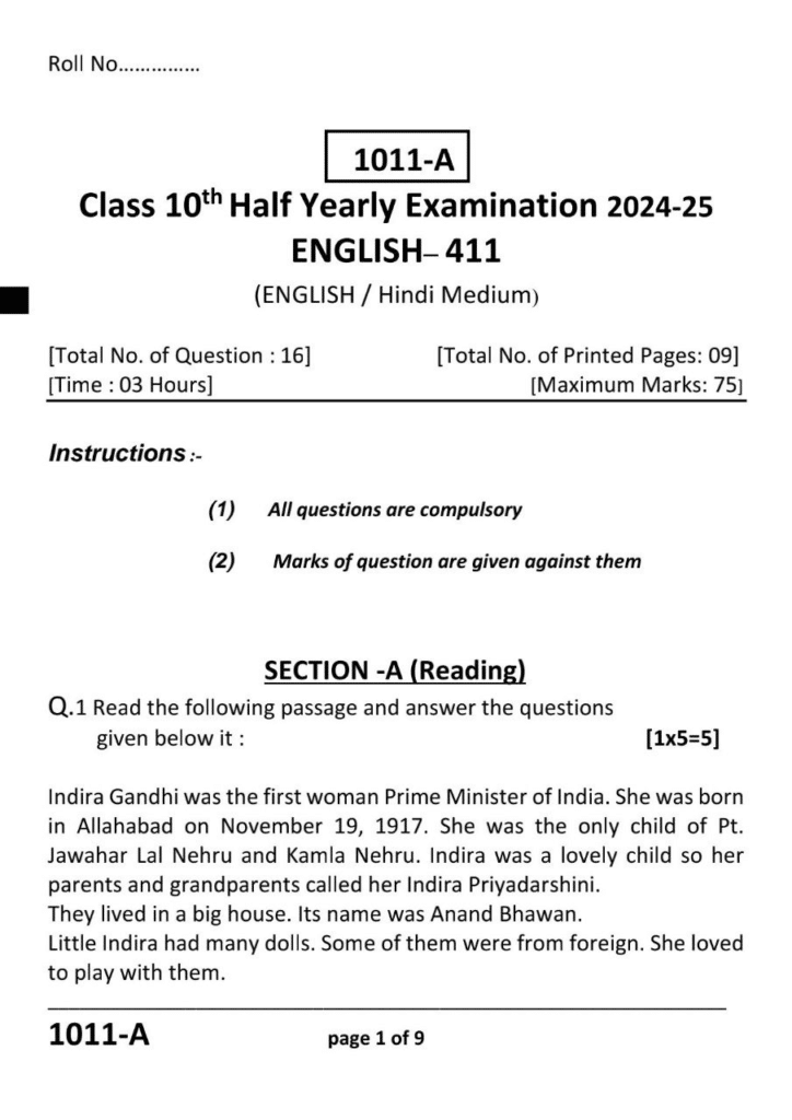 Class 10th English Half yearly 2024