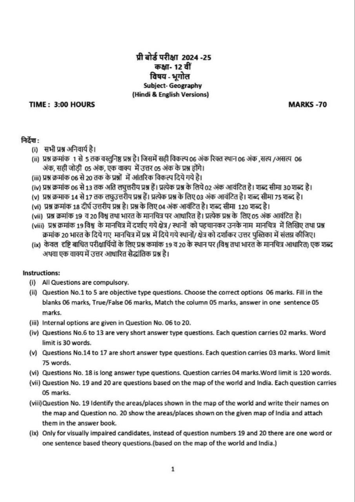 class 12th Geography pre board paper 2025