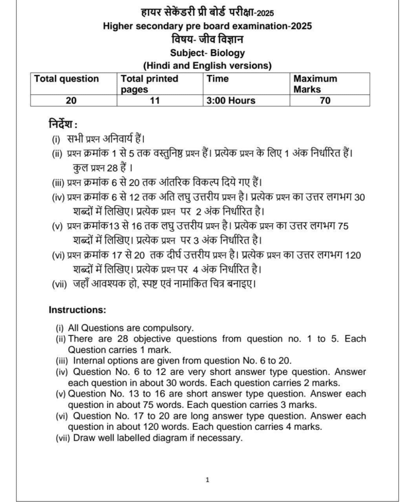 class 12th biology pre board paper 2025