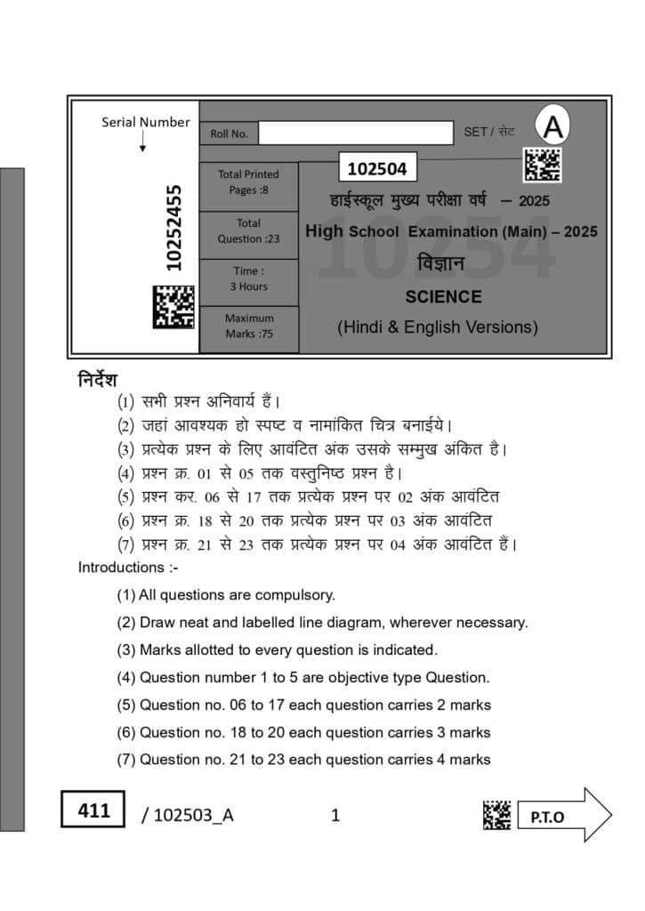 SET A Class 10th Science varshik Paper 2025