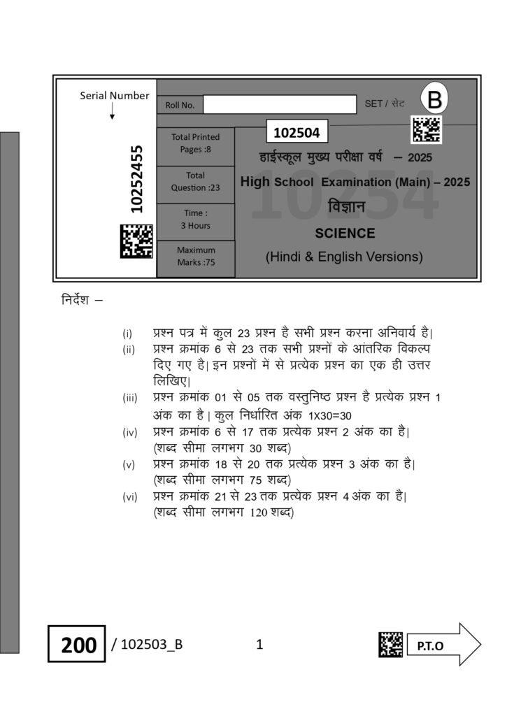 SET B Class 10th Science varshik Paper 2025