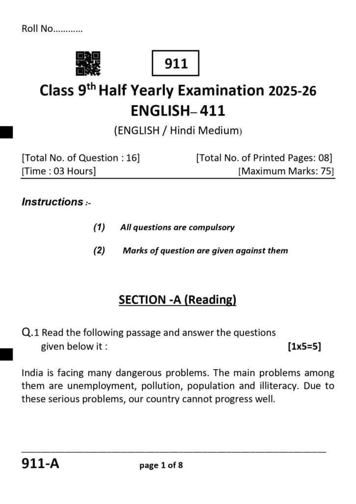 Class 9th English Half yearly PAPER 2025
