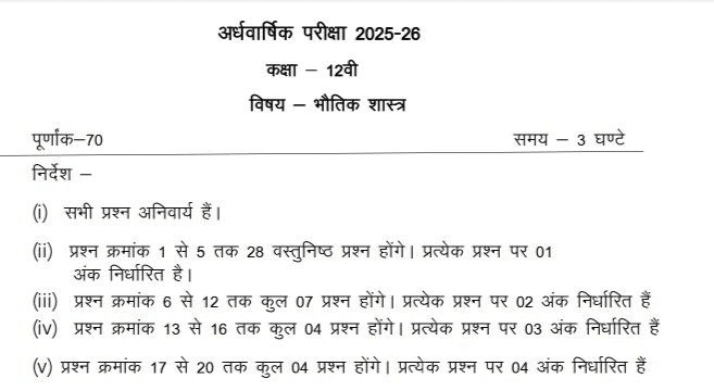Class 12th physics Half yearly PAPER 2025
