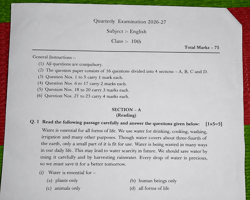 Class 10th English Trimasik Paper 2026-27