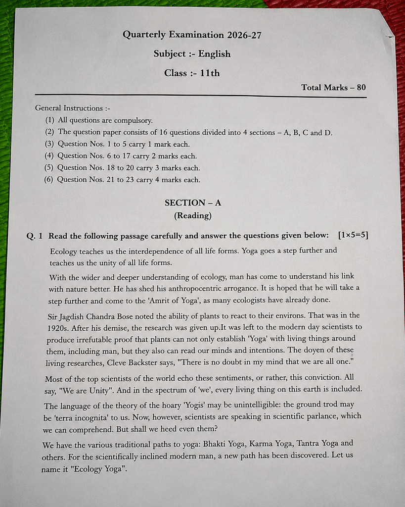 Class 11th English Trimasik Paper 2026-27