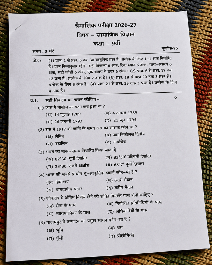 Class 9th Social Science Trimasik Paper 2026