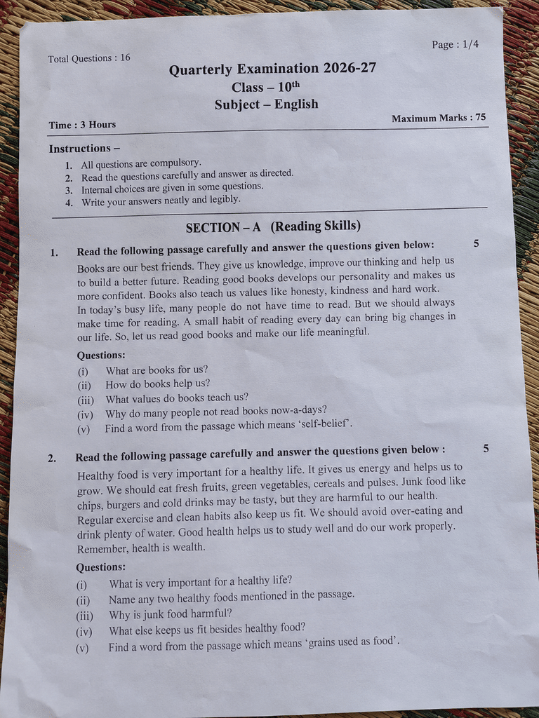 Class 10th English Trimasik Paper 2026