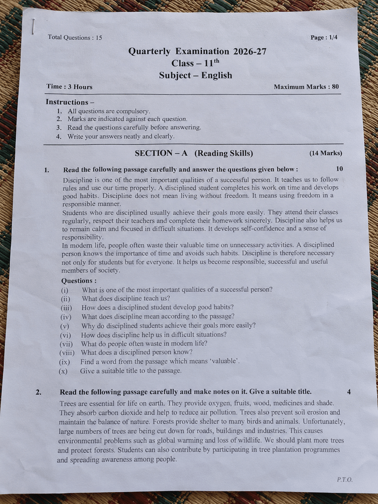 Class 11th English Trimasik Paper 2026